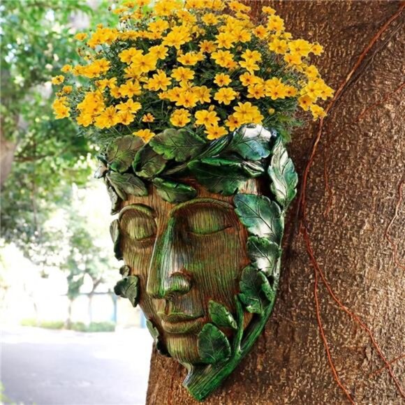 Tree Face Decor Flower Planter Pot Hand-Painted Resin Green Man Tree Hugger - Picture 3 of 8